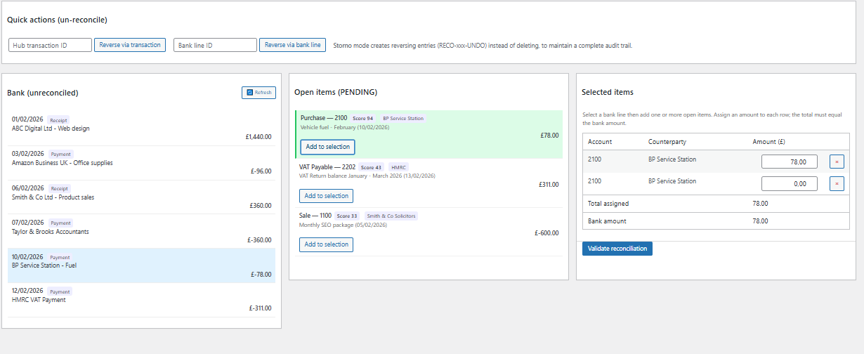 Bank reconciliation matching